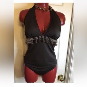 I.F. ONE PIECE BEADED HALTER BROWN SWIM SUIT PLUS SIZE 14W - EUC